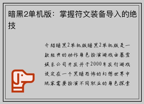 暗黑2单机版：掌握符文装备导入的绝技